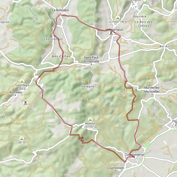 Miniature de la carte de l'inspiration cycliste "Scenic Gravel Tour to Montarnaud" dans la Languedoc-Roussillon, France. Générée par le planificateur d'itinéraire cycliste Tarmacs.app