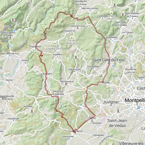 Miniature de la carte de l'inspiration cycliste "Picturesque Ride to Pignan" dans la Languedoc-Roussillon, France. Générée par le planificateur d'itinéraire cycliste Tarmacs.app