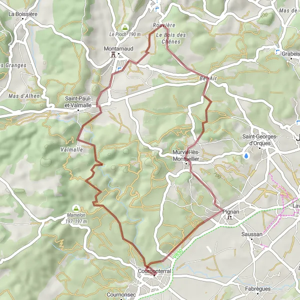 Miniature de la carte de l'inspiration cycliste "Boucle de Saint-Paul-et-Valmalle" dans la Languedoc-Roussillon, France. Générée par le planificateur d'itinéraire cycliste Tarmacs.app