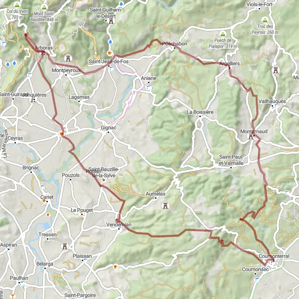 Miniature de la carte de l'inspiration cycliste "Challenging Gravel Expedition to Argelliers" dans la Languedoc-Roussillon, France. Générée par le planificateur d'itinéraire cycliste Tarmacs.app