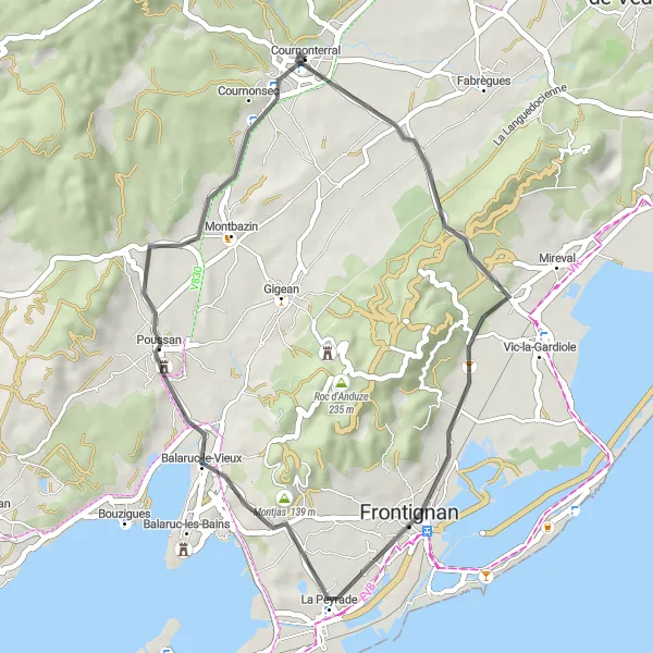 Miniature de la carte de l'inspiration cycliste "Tour de Frontignan" dans la Languedoc-Roussillon, France. Générée par le planificateur d'itinéraire cycliste Tarmacs.app