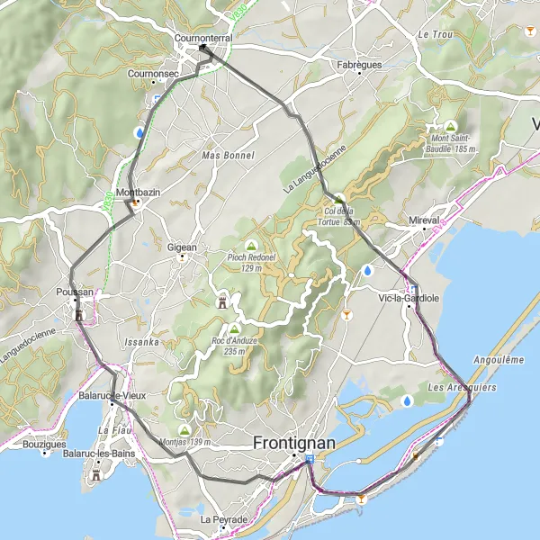 Miniature de la carte de l'inspiration cycliste "Tour de Col de la Tortue" dans la Languedoc-Roussillon, France. Générée par le planificateur d'itinéraire cycliste Tarmacs.app