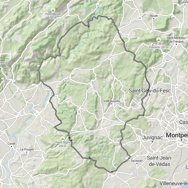 Miniature de la carte de l'inspiration cycliste "Tour du Causse-de-la-Selle" dans la Languedoc-Roussillon, France. Générée par le planificateur d'itinéraire cycliste Tarmacs.app