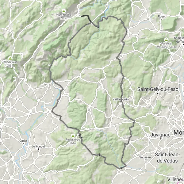 Miniature de la carte de l'inspiration cycliste "Boucle de Viols-en-Laval" dans la Languedoc-Roussillon, France. Générée par le planificateur d'itinéraire cycliste Tarmacs.app