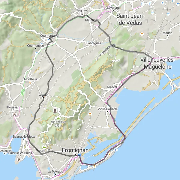 Miniature de la carte de l'inspiration cycliste "Coastal Road Cycling Adventure" dans la Languedoc-Roussillon, France. Générée par le planificateur d'itinéraire cycliste Tarmacs.app