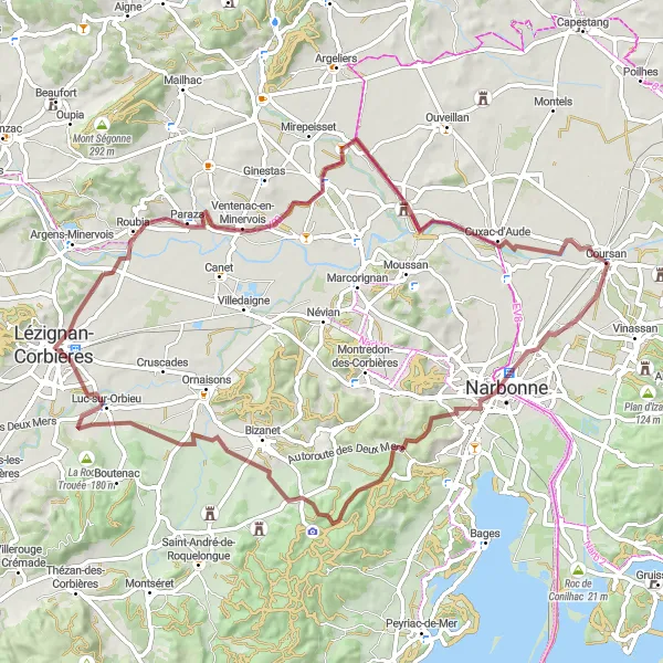 Map miniature of "Gravel Route: Medieval Marvels" cycling inspiration in Languedoc-Roussillon, France. Generated by Tarmacs.app cycling route planner