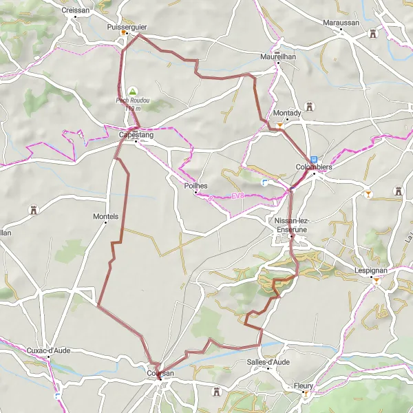 Map miniature of "Gravel Route: Narbonne Exploration" cycling inspiration in Languedoc-Roussillon, France. Generated by Tarmacs.app cycling route planner