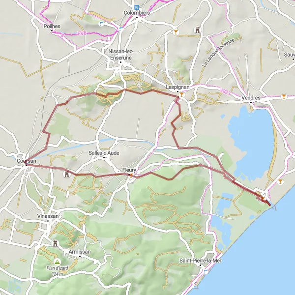 Map miniature of "Gravel Route: Celeyran Castle Loop" cycling inspiration in Languedoc-Roussillon, France. Generated by Tarmacs.app cycling route planner