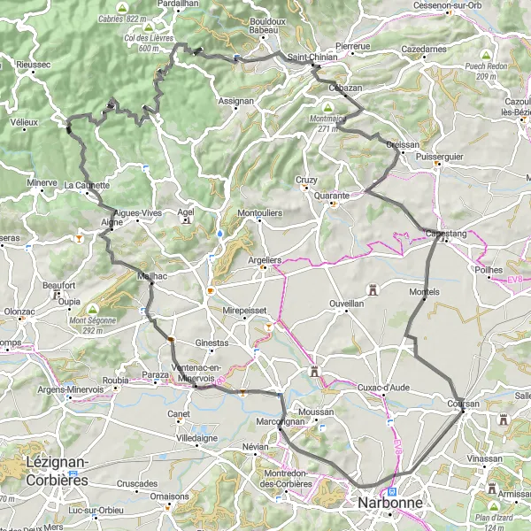 Map miniature of "Scenic Road Ride to Saint-Chinian" cycling inspiration in Languedoc-Roussillon, France. Generated by Tarmacs.app cycling route planner