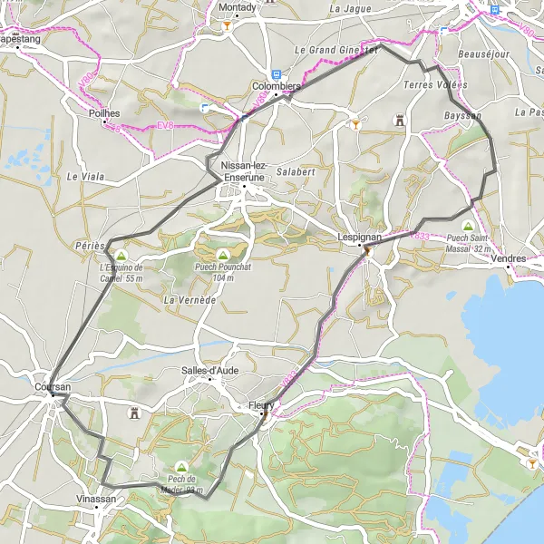 Map miniature of "Coursan and Surrounding Roads" cycling inspiration in Languedoc-Roussillon, France. Generated by Tarmacs.app cycling route planner