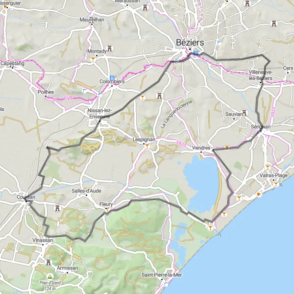 Map miniature of "Discover the Vineyards of Vinassan" cycling inspiration in Languedoc-Roussillon, France. Generated by Tarmacs.app cycling route planner