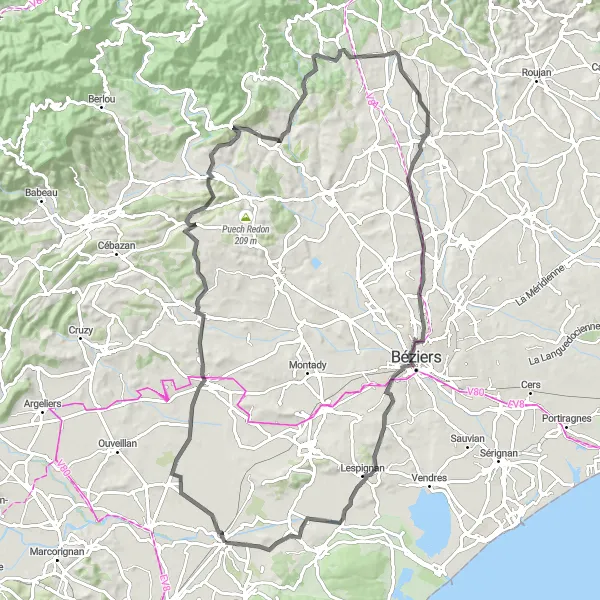 Map miniature of "Road Route: Languedoc Charm" cycling inspiration in Languedoc-Roussillon, France. Generated by Tarmacs.app cycling route planner