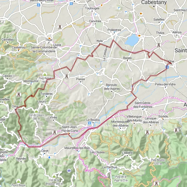 Map miniature of "Rural Gravel Loop from Elne" cycling inspiration in Languedoc-Roussillon, France. Generated by Tarmacs.app cycling route planner