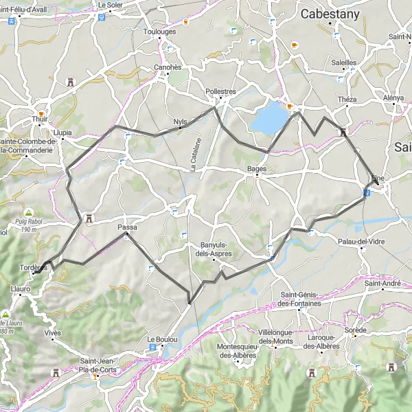 Map miniature of "Road Cycling Loop around Elne" cycling inspiration in Languedoc-Roussillon, France. Generated by Tarmacs.app cycling route planner