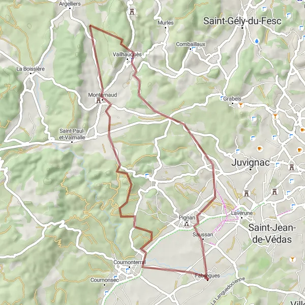 Map miniature of "Scenic Gravel Tour near Fabrègues" cycling inspiration in Languedoc-Roussillon, France. Generated by Tarmacs.app cycling route planner