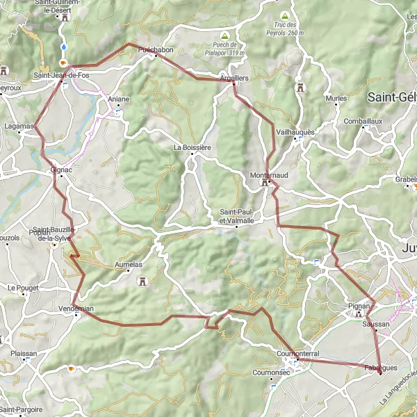 Miniature de la carte de l'inspiration cycliste "Parcours gravel autour de Fabrègues" dans la Languedoc-Roussillon, France. Générée par le planificateur d'itinéraire cycliste Tarmacs.app