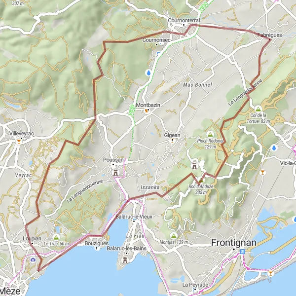 Map miniature of "Fabrègues Gravel Adventure" cycling inspiration in Languedoc-Roussillon, France. Generated by Tarmacs.app cycling route planner