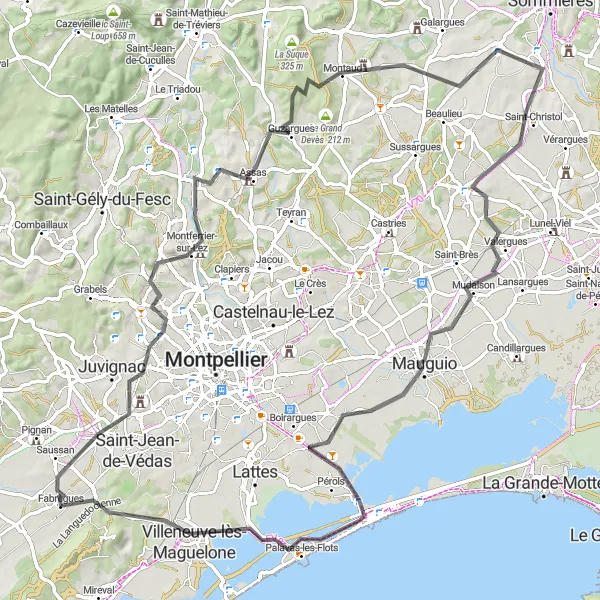 Map miniature of "Fabrègues to Palavas-les-Flots Road Cycling Route" cycling inspiration in Languedoc-Roussillon, France. Generated by Tarmacs.app cycling route planner