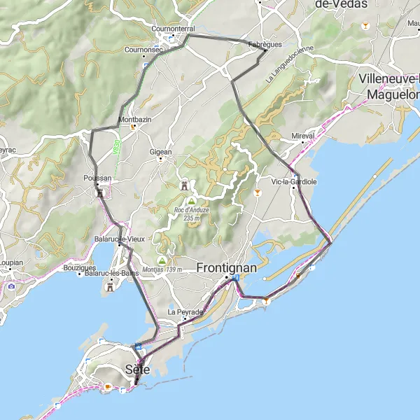 Map miniature of "Fabrègues to Sète Road Cycling Route" cycling inspiration in Languedoc-Roussillon, France. Generated by Tarmacs.app cycling route planner