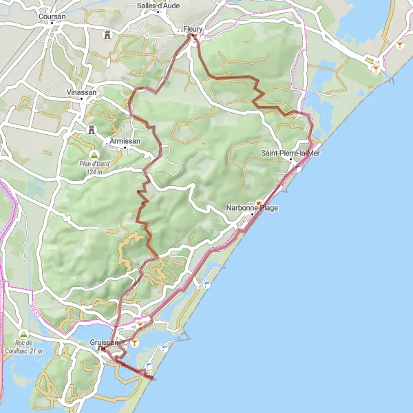 Map miniature of "Coastal Gravel Adventure to Narbonne-Plage" cycling inspiration in Languedoc-Roussillon, France. Generated by Tarmacs.app cycling route planner