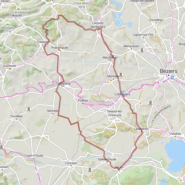 Map miniature of "Exploring Narbonne and its Surroundings" cycling inspiration in Languedoc-Roussillon, France. Generated by Tarmacs.app cycling route planner