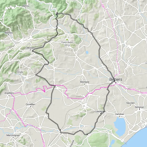 Miniature de la carte de l'inspiration cycliste "Boucle cycliste sur route à travers les vignobles" dans la Languedoc-Roussillon, France. Générée par le planificateur d'itinéraire cycliste Tarmacs.app