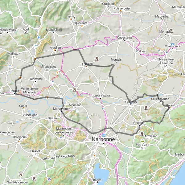 Map miniature of "Vinassan and Ouveillan Scenic Route" cycling inspiration in Languedoc-Roussillon, France. Generated by Tarmacs.app cycling route planner