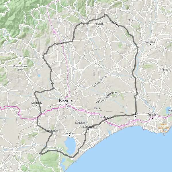 Map miniature of "Fleury to Portiragnes Loop" cycling inspiration in Languedoc-Roussillon, France. Generated by Tarmacs.app cycling route planner