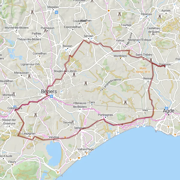 Miniature de la carte de l'inspiration cycliste "Boucle gravel de Bessan à Saint-Thibéry" dans la Languedoc-Roussillon, France. Générée par le planificateur d'itinéraire cycliste Tarmacs.app