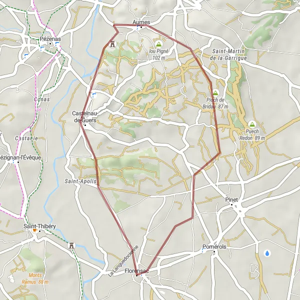 Miniature de la carte de l'inspiration cycliste "Boucle à vélo à partir de Florensac" dans la Languedoc-Roussillon, France. Générée par le planificateur d'itinéraire cycliste Tarmacs.app