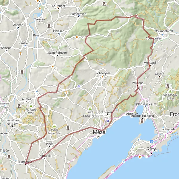 Miniature de la carte de l'inspiration cycliste "Exploration des paysages variés de Montbazin" dans la Languedoc-Roussillon, France. Générée par le planificateur d'itinéraire cycliste Tarmacs.app