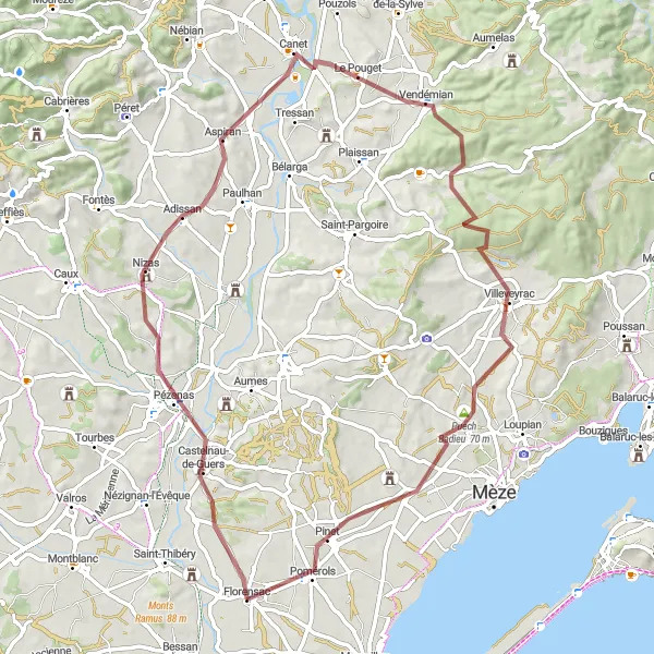 Miniature de la carte de l'inspiration cycliste "Aventure gravel à travers les villages pittoresques" dans la Languedoc-Roussillon, France. Générée par le planificateur d'itinéraire cycliste Tarmacs.app