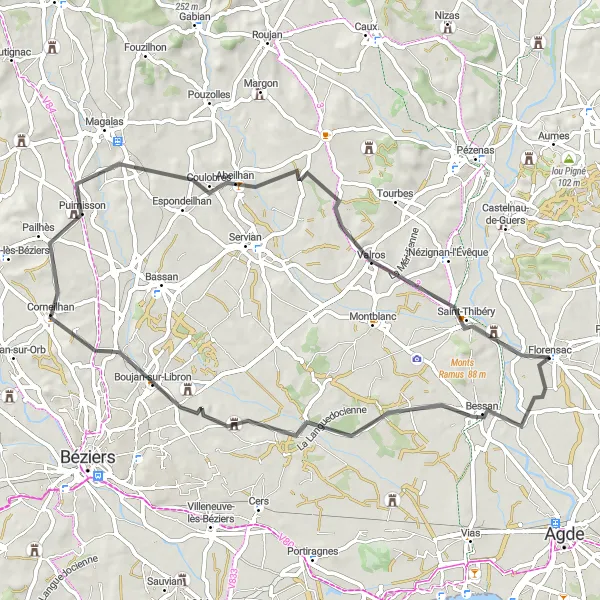 Map miniature of "The Bessan Loop" cycling inspiration in Languedoc-Roussillon, France. Generated by Tarmacs.app cycling route planner