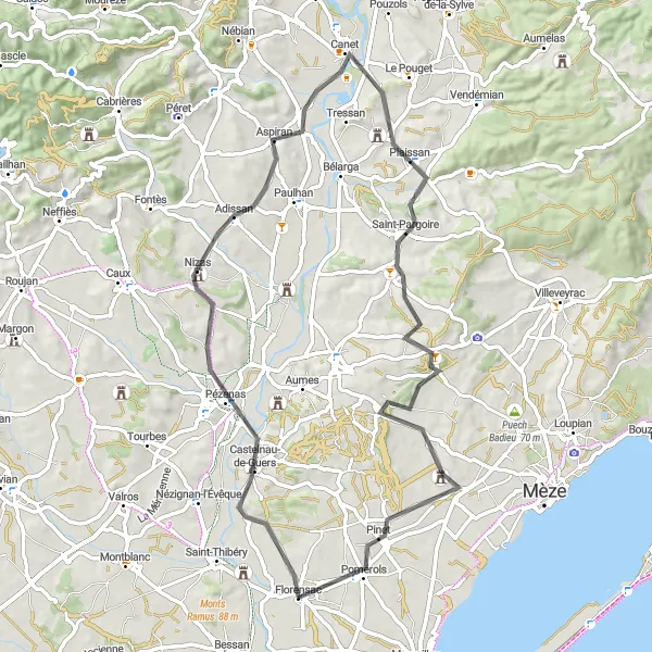 Miniature de la carte de l'inspiration cycliste "Au cœur du vignoble languedocien" dans la Languedoc-Roussillon, France. Générée par le planificateur d'itinéraire cycliste Tarmacs.app