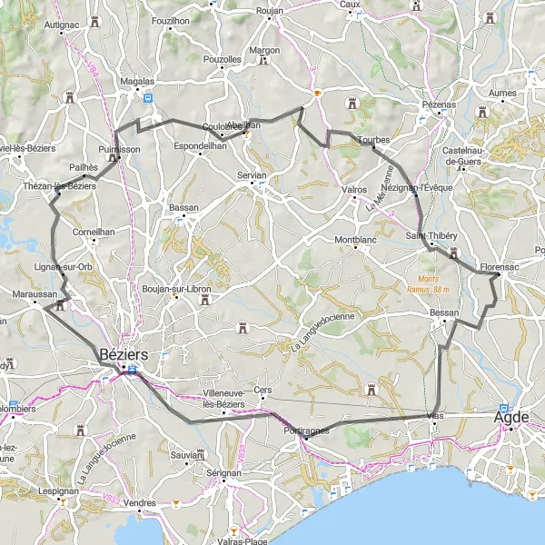 Miniature de la carte de l'inspiration cycliste "Sur les routes de Béziers" dans la Languedoc-Roussillon, France. Générée par le planificateur d'itinéraire cycliste Tarmacs.app