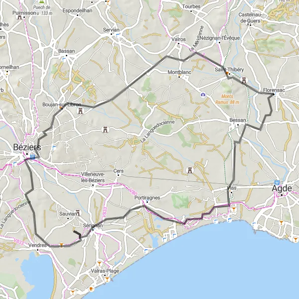 Map miniature of "Coastal Adventure" cycling inspiration in Languedoc-Roussillon, France. Generated by Tarmacs.app cycling route planner