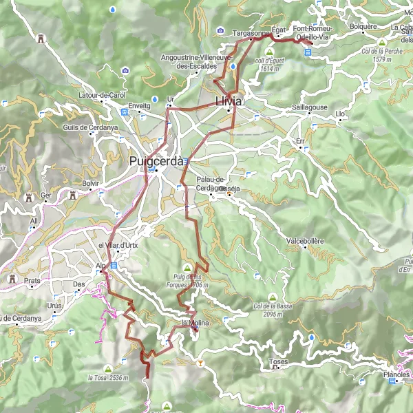 Miniature de la carte de l'inspiration cycliste "Tour des Cimes Pyrénéennes" dans la Languedoc-Roussillon, France. Générée par le planificateur d'itinéraire cycliste Tarmacs.app
