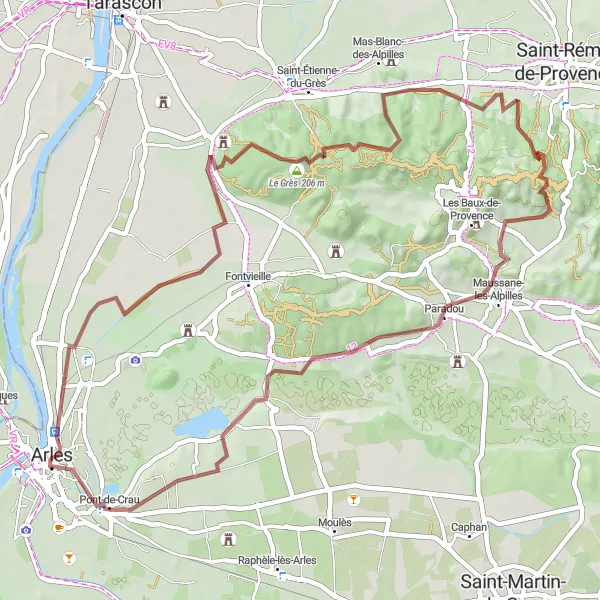 Map miniature of "Arles to Les Alpilles Gravel Route" cycling inspiration in Languedoc-Roussillon, France. Generated by Tarmacs.app cycling route planner