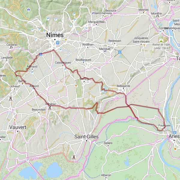 Map miniature of "Fourques to Château Boissy d'Anglas Gravel Route" cycling inspiration in Languedoc-Roussillon, France. Generated by Tarmacs.app cycling route planner