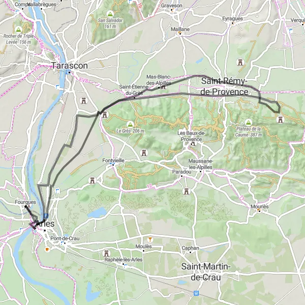 Map miniature of "Alpilles Exploration" cycling inspiration in Languedoc-Roussillon, France. Generated by Tarmacs.app cycling route planner