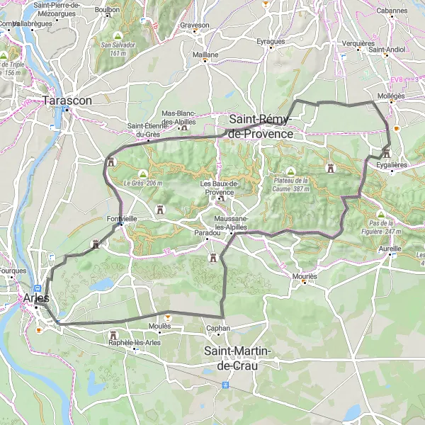 Map miniature of "Les Alpilles Loop" cycling inspiration in Languedoc-Roussillon, France. Generated by Tarmacs.app cycling route planner