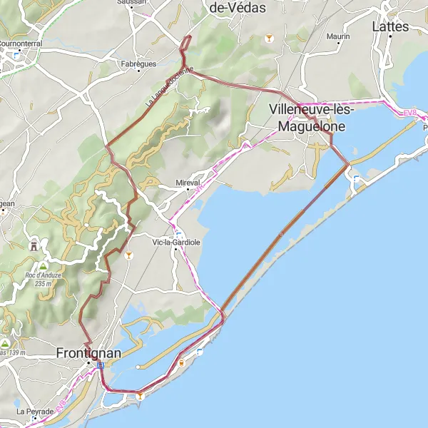 Map miniature of "Frontignan - Villeneuve-lès-Maguelone" cycling inspiration in Languedoc-Roussillon, France. Generated by Tarmacs.app cycling route planner