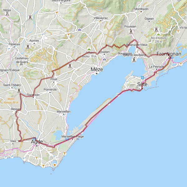 Map miniature of "Sète and Agde Loop" cycling inspiration in Languedoc-Roussillon, France. Generated by Tarmacs.app cycling route planner