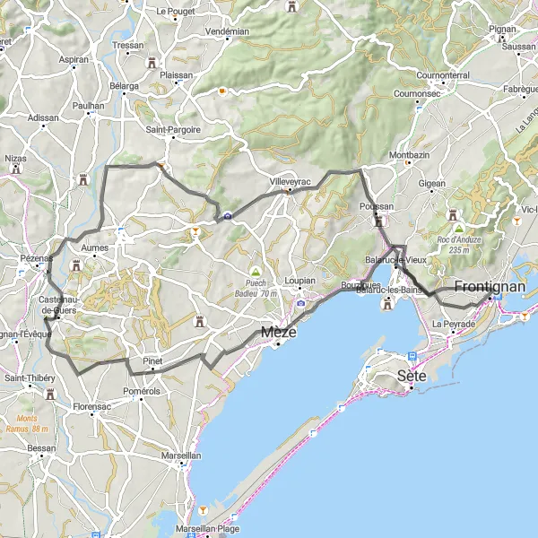 Map miniature of "Frontignan Circular Road Ride" cycling inspiration in Languedoc-Roussillon, France. Generated by Tarmacs.app cycling route planner