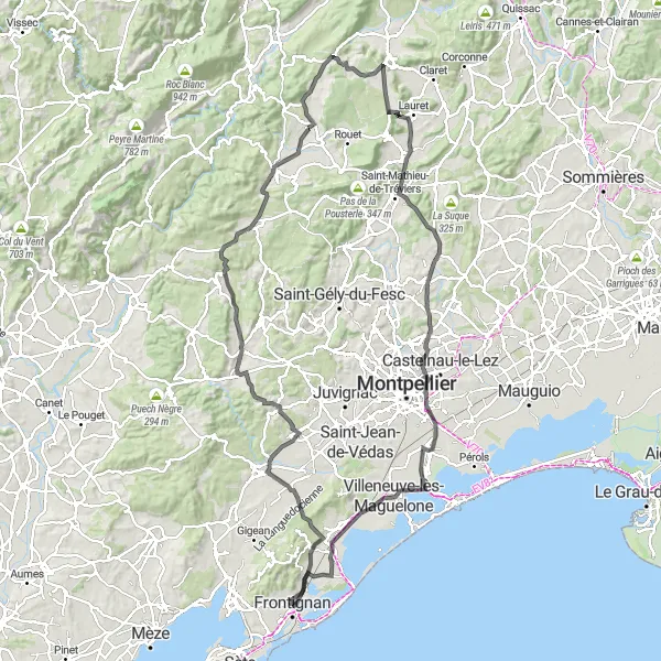 Map miniature of "Frontignan - Col de la Tortue" cycling inspiration in Languedoc-Roussillon, France. Generated by Tarmacs.app cycling route planner