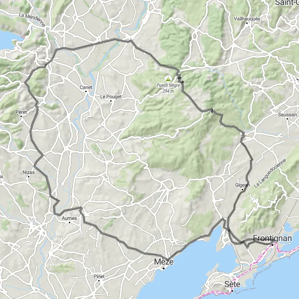 Map miniature of "Frontignan - Table d'orientation" cycling inspiration in Languedoc-Roussillon, France. Generated by Tarmacs.app cycling route planner