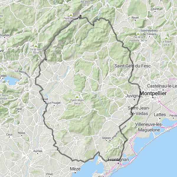 Map miniature of "Mountains and Villages Road Loop" cycling inspiration in Languedoc-Roussillon, France. Generated by Tarmacs.app cycling route planner