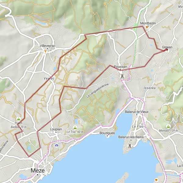 Map miniature of "Discover the Ancient Trail: Montbazin to Loupian" cycling inspiration in Languedoc-Roussillon, France. Generated by Tarmacs.app cycling route planner