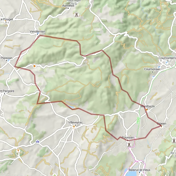 Map miniature of "Off-road Adventure: Gigean to Montbazin" cycling inspiration in Languedoc-Roussillon, France. Generated by Tarmacs.app cycling route planner