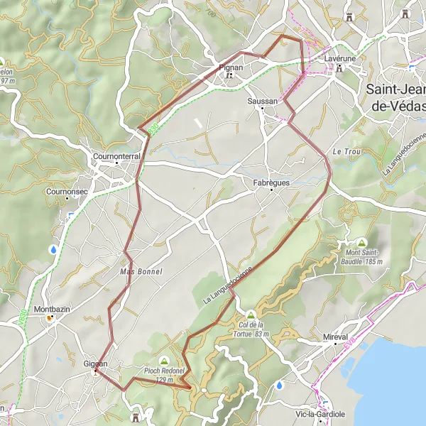 Map miniature of "Picturesque Route: Gigean to Pignan" cycling inspiration in Languedoc-Roussillon, France. Generated by Tarmacs.app cycling route planner